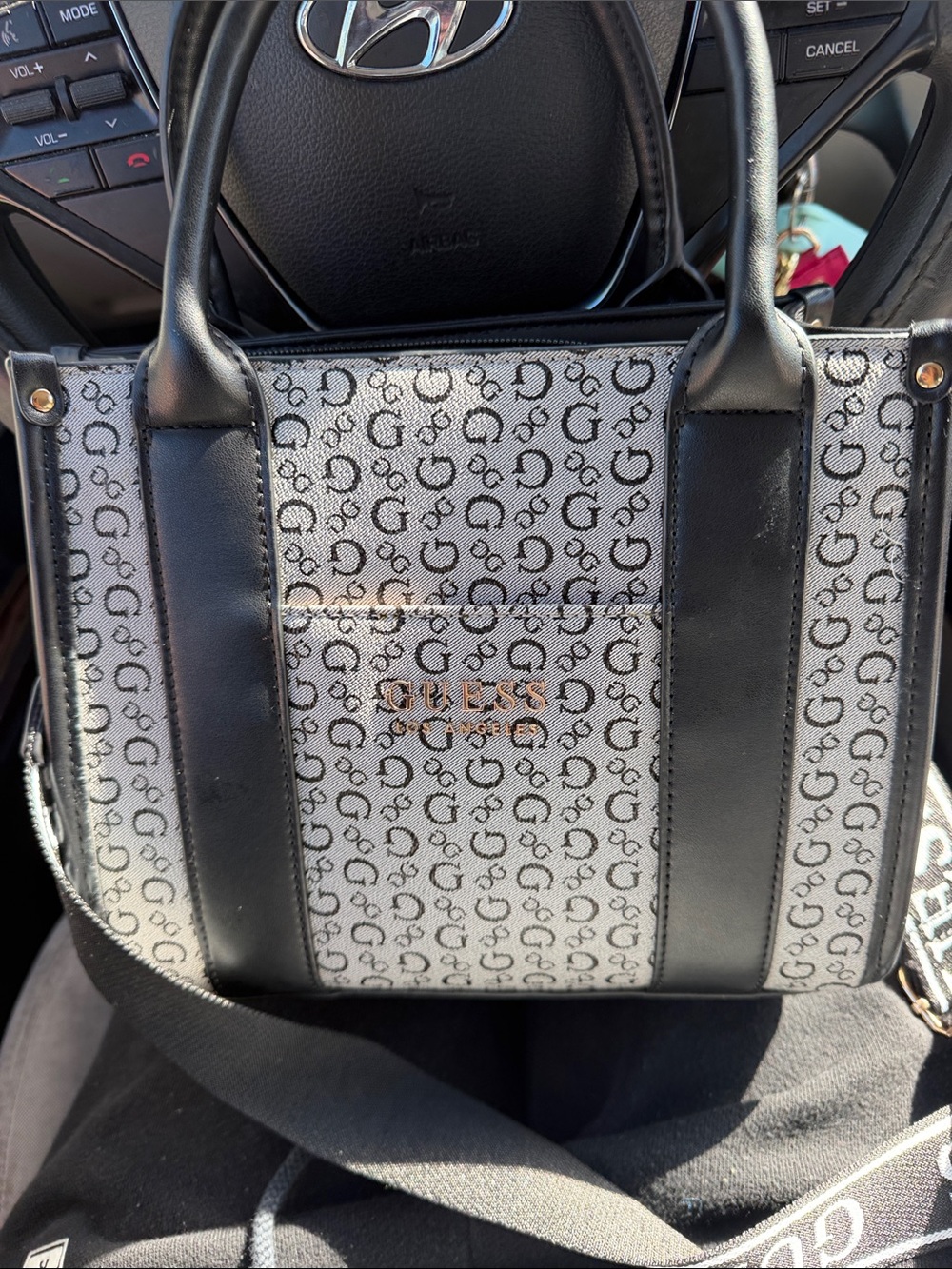 GUESS Black and Cream Monogram Satchel with Gold Logo